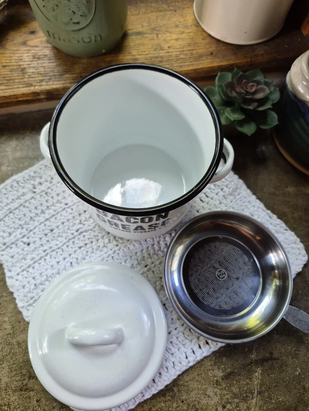 Large Enamel Bacon Grease Container With Metal Mesh Strainer And Lid